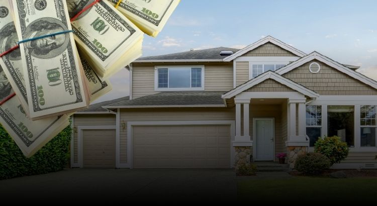 Photo of a house superimposed with money